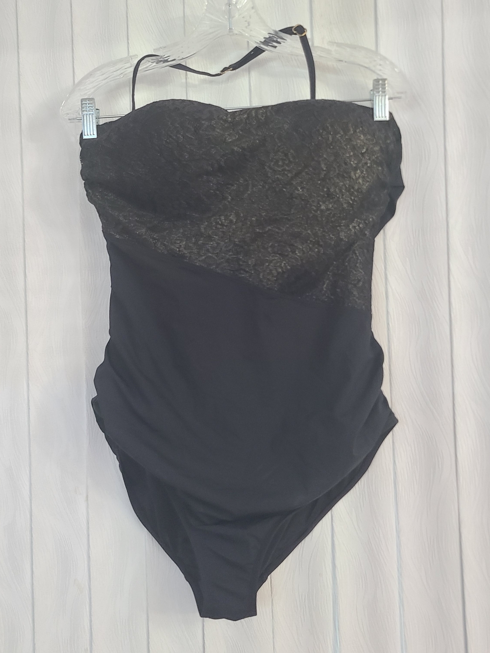 SPANX Womens 14 Black Gold Lace Floral Bust Side Ruch Slimming Halter Swimsuit